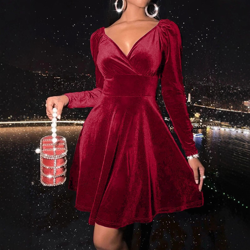 European and American Ladies Velvet Holiday Party Elegant Dress Spring & Fall Holiday Dress Skirt Christmas Long-Sleeved V Neck Dress