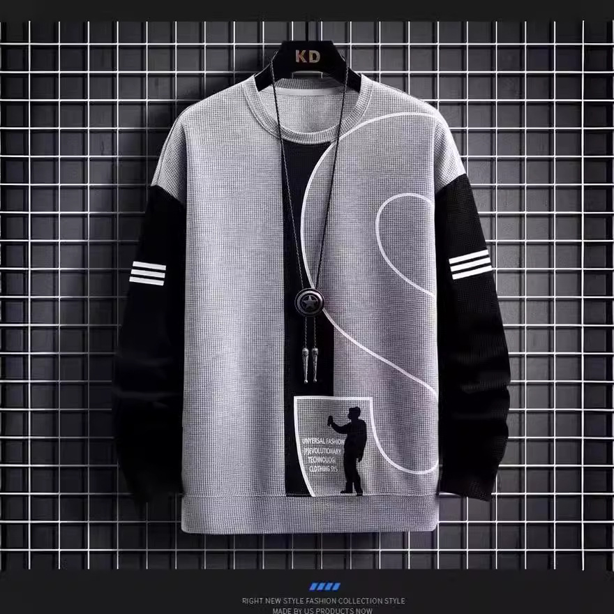 Otoño de los nuevos hombres más tamaño hong kong estilo waffle manga larga traje casual pantalones deportivos camiseta de los hombres de moda traje de dos piezas