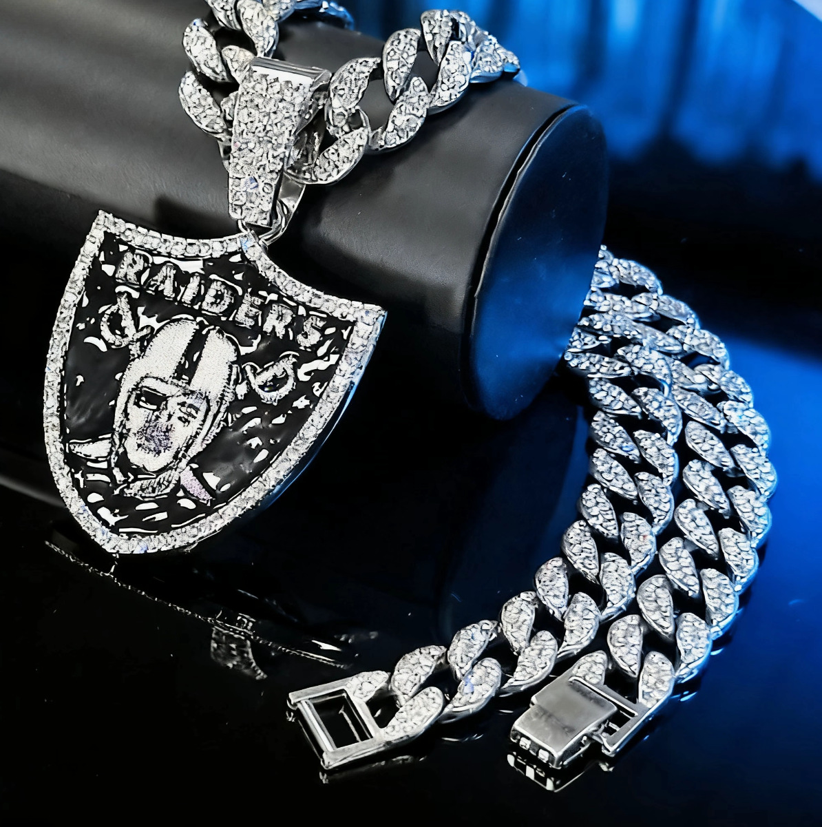 Colgante de escudo completo de cadena cubana Raiders HIP HOP Oakland Raiders logotipo colgante de cadena cubana
