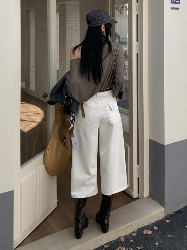 秋上新 白色牛仔裤女款7分裤新款美式宽松阔腿七分裤小个子送腰带|undefined