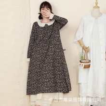 2024新款复古日系小清新刺绣娃娃领棉麻碎花长裙宽松长袖连衣裙女