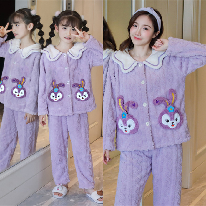 Pajamas para padres e hijos niñas de franela otoño e invierno espesar coral terciopelo dibujos animados niñas ropa para el hogar set madre e hija