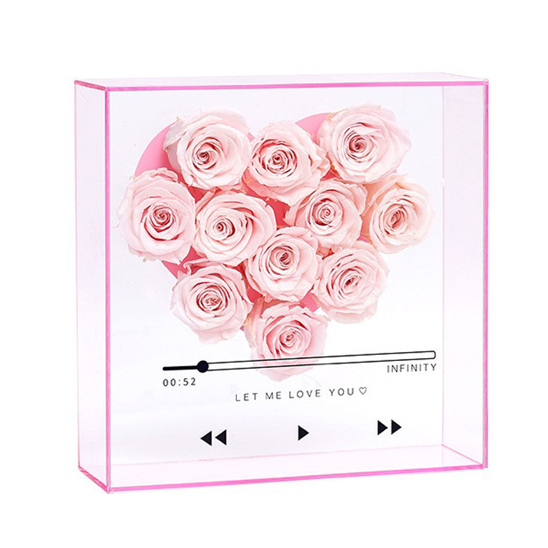 Caja de regalo de amor portátil de espejo personalizado al por mayor flores CD caja de flores de acrílico transparente caja de regalo de tapa de cesta de flores