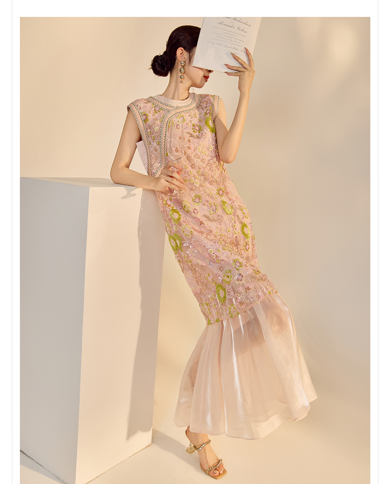 Váy sườn xám maxi thêu sequin phong cách Trung Quốc mới mùa hè N5042 — hồng, Xanh lam sông băng chi tiết 28