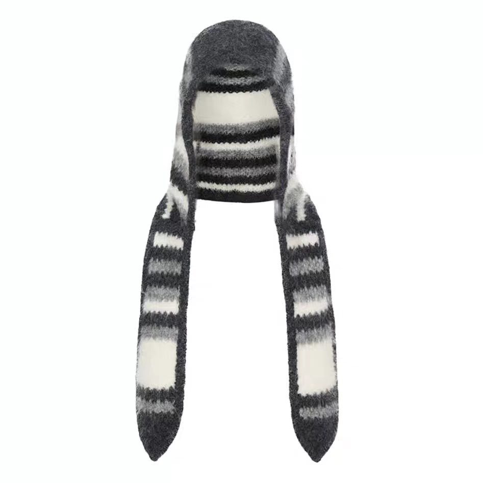 26 Autumn/Winter New Women's Wool Warm Ear-Protecting Rabbit Ear Hooded Hat, Striped Knit Hat and Scarf in One