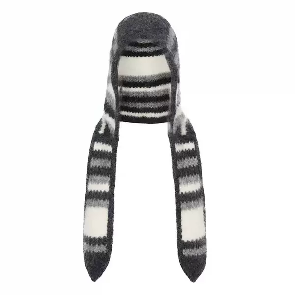 26 Autumn/Winter New Women's Wool Warm Ear-Protecting Rabbit Ear Hooded Hat, Striped Knit Hat and Scarf in One