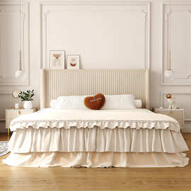 法式复古轻奢牛奶绒双人床美式简约奶油白褶皱1.8米公主床小红书