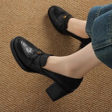 2025秋新款羊皮复古一脚蹬乐福鞋山茶花防水台圆头粗跟深口单鞋女