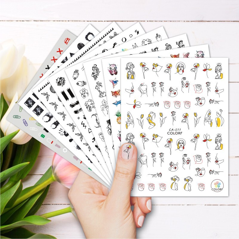 Cross-Border Foreign Trade Popular Ca Artificial Nail Art Stickers Icon Totem Abstract Woman Personalized Watercolor Nail Stickers Wholesale