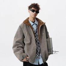 美式羊羔绒翻领pu皮棉衣外套男冬季新款潮牌宽松复古加厚保暖棉服