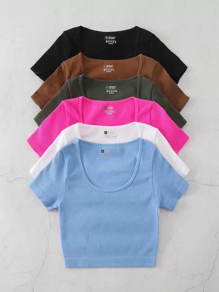 Cross-border Explosions Threaded Yoga High Elastic Tight Short-sleeved Low Crewneck Sports T-shirt Naked Nylon Quick-drying Top