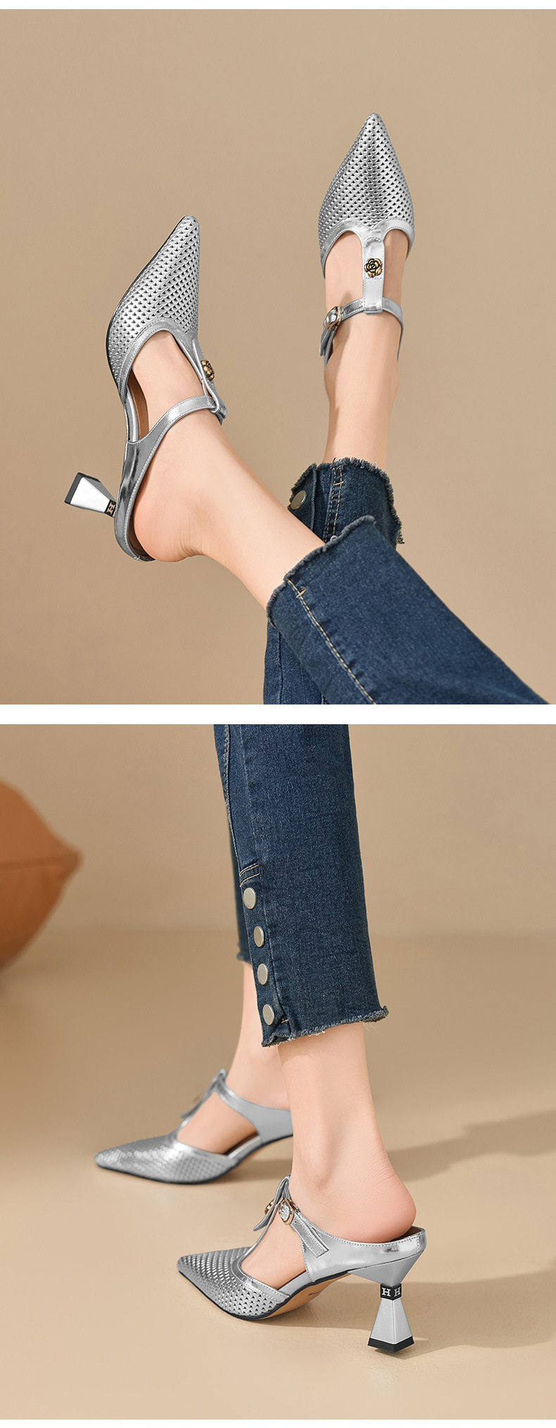 Sandal cao gót nữ quai chữ T mũi nhọn hở mũi, gót 7 cm — màu vàng chi tiết 5