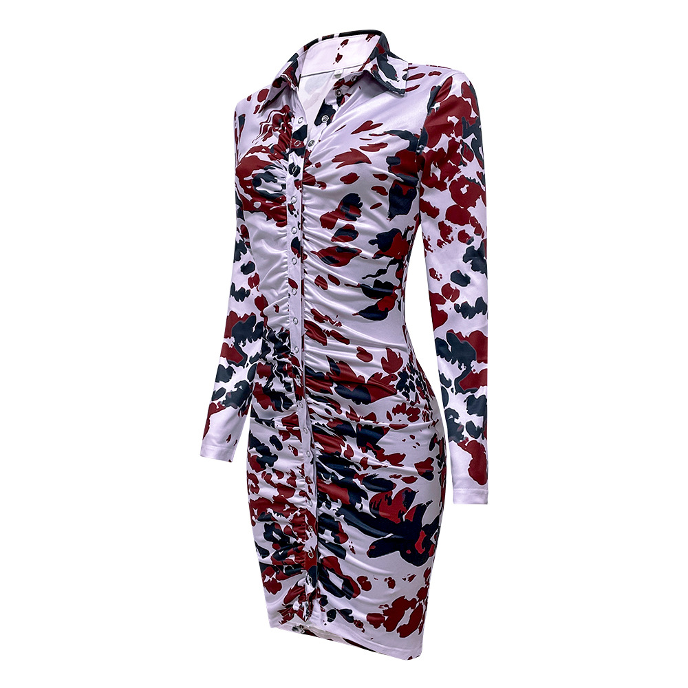 Printed Long-Sleeved Single-Breasted Slim Pleated Dress NSKX109206