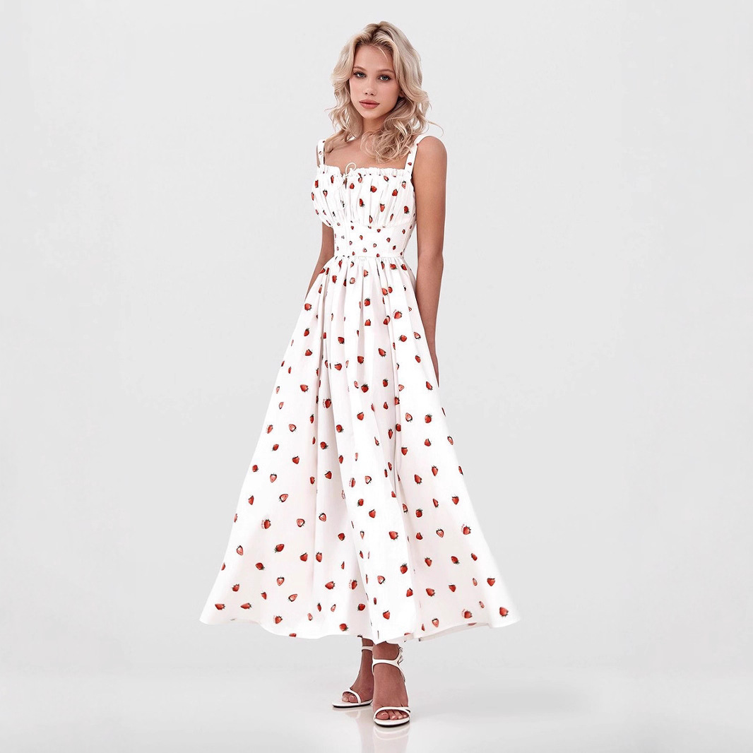Cross-Border Floral Strap European And American 2025 Summer New Low Neck Tie Slit High Waist Printed Dress_ecoleips.com