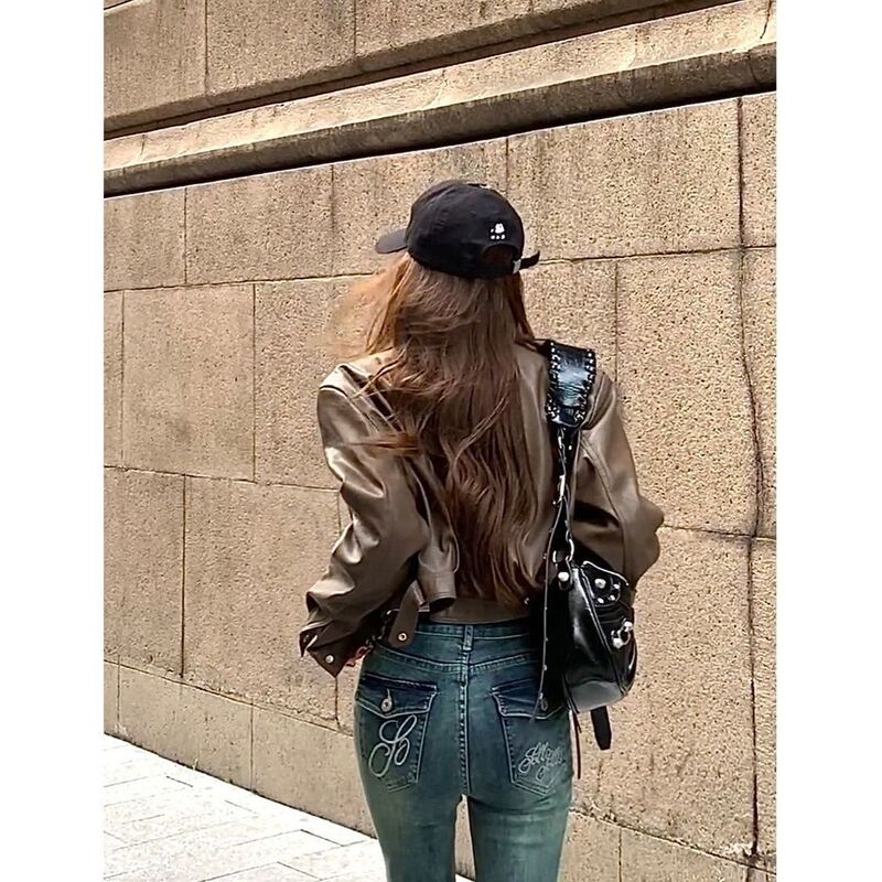 欧货翻领短款pu皮外套女加绒春秋新款感机车炸街小个子皮夹克|undefined