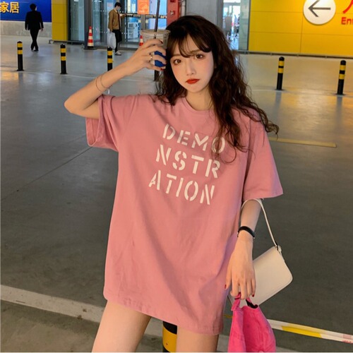 Summer 2025 Korean Version Stylish Loose Medium-Length Top BF Friend Dress Women's Letter Short-Sleeve T-Shirt Ins Trend