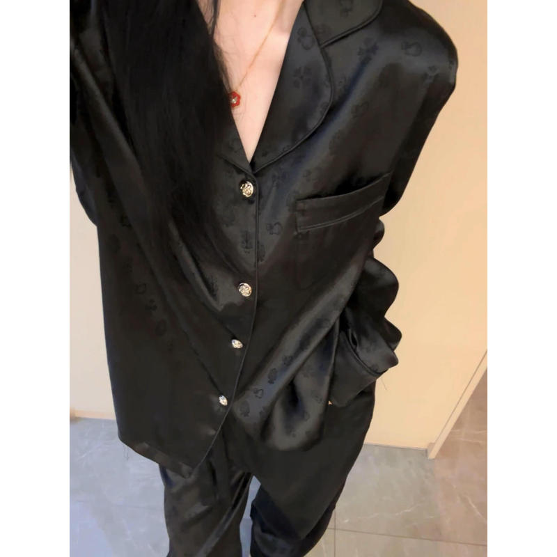 High-End Satin Cool Silk Pajamas for Women, Spring and Autumn Style, Pearlescent Loungewear, Plus-Size Long-Sleeve and Long-Pants Set for Outerwear High-End Satin Cool Silk Pajamas for Women, Spring and Autumn Style, Pearlescent Loungewear, Plus-Size Long-Sleeve and Long-Pants Set for Outerwear