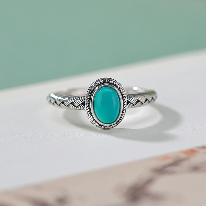 Yilu Silver Turquoise S925 Sterling Silver Vintage Egg Face Hình bầu dục bện răng Nhẫn Cung cấp xuyên biên giới — một mảnh