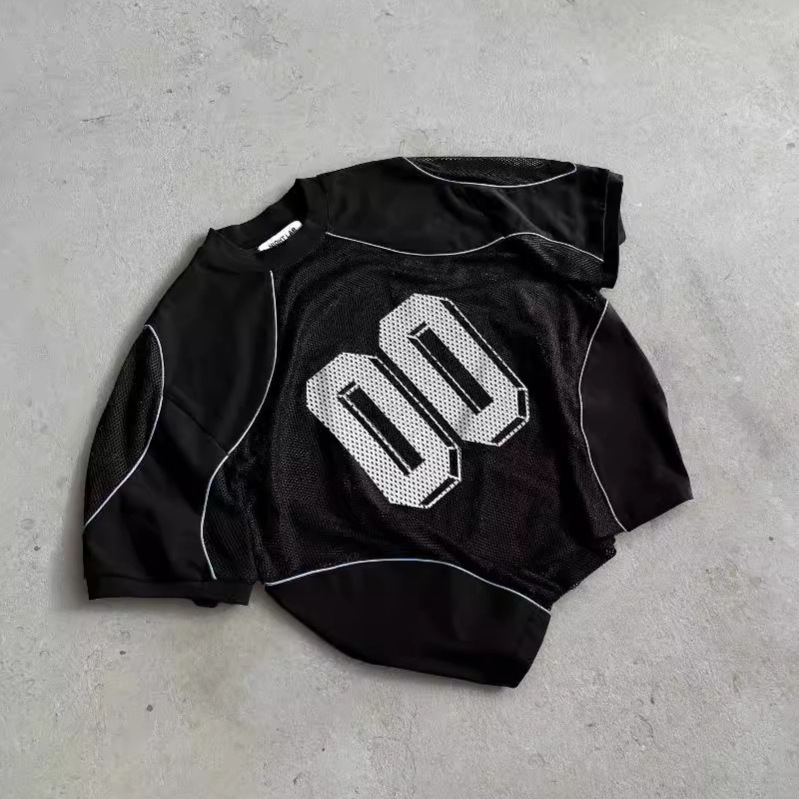 夏季欧美时尚网孔宽松训练上衣夏季男女数字3D立体图案透气运动衫