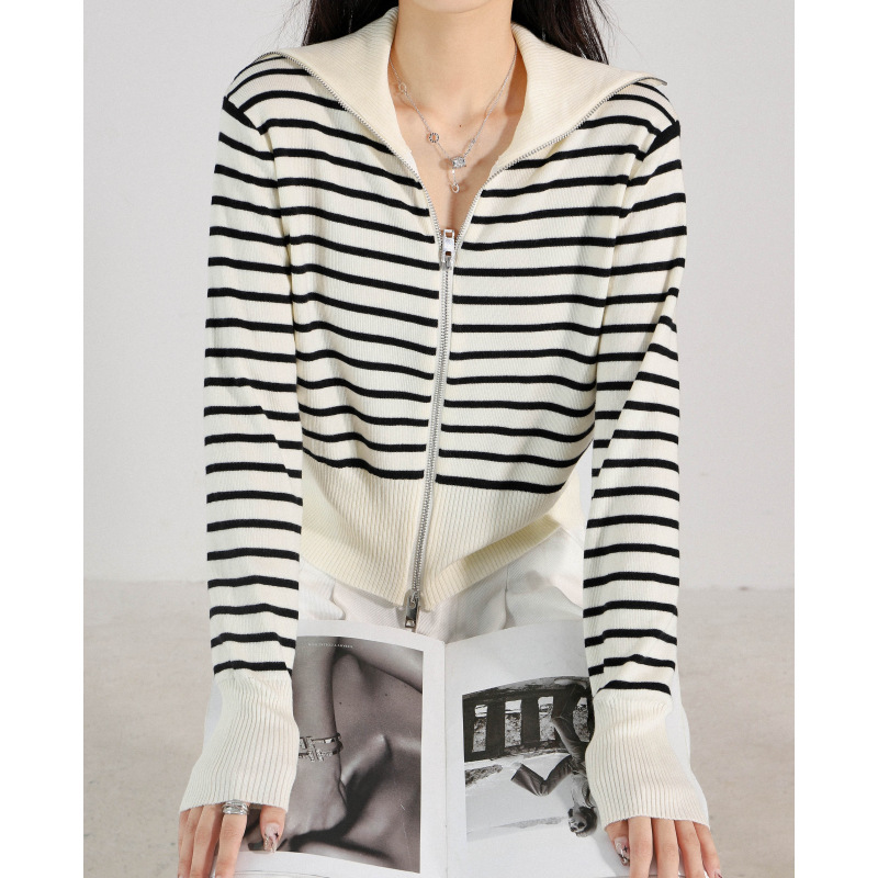 Double Zipper Striped Lapel Sweater Knitwear Women's Autumn and Winter Short Cardigan Coat Outer Wear Base Long Sleeve Top