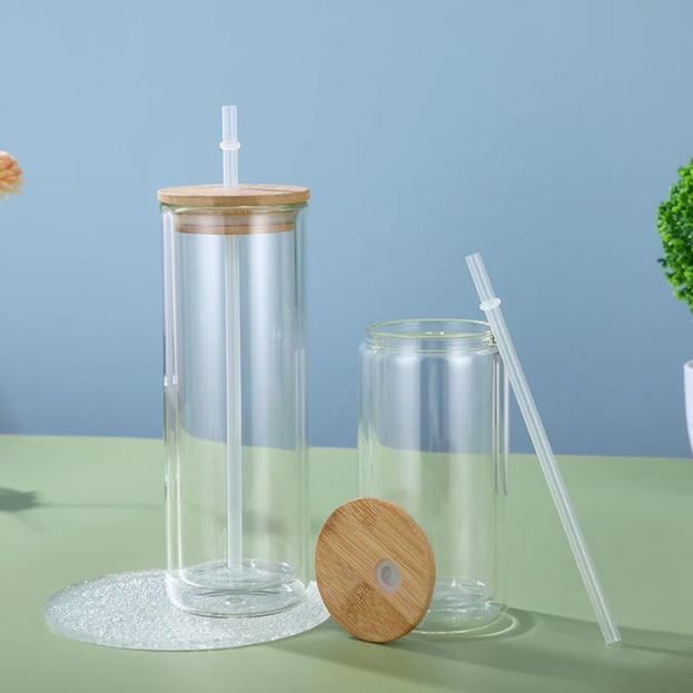亚马逊双层透明玻璃可乐杯带竹盖塑料吸管水杯diy热升华雪球杯子