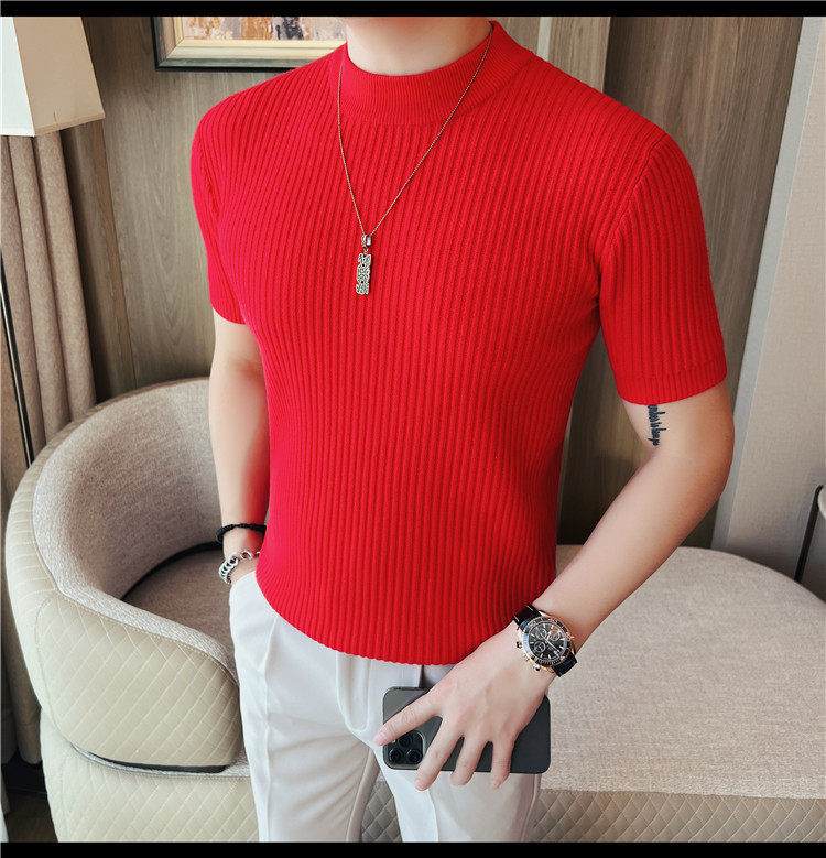 Herren Schwarz Hochgeschlossener Kurzarm Strickpullover Slim Fit_voghion.com
