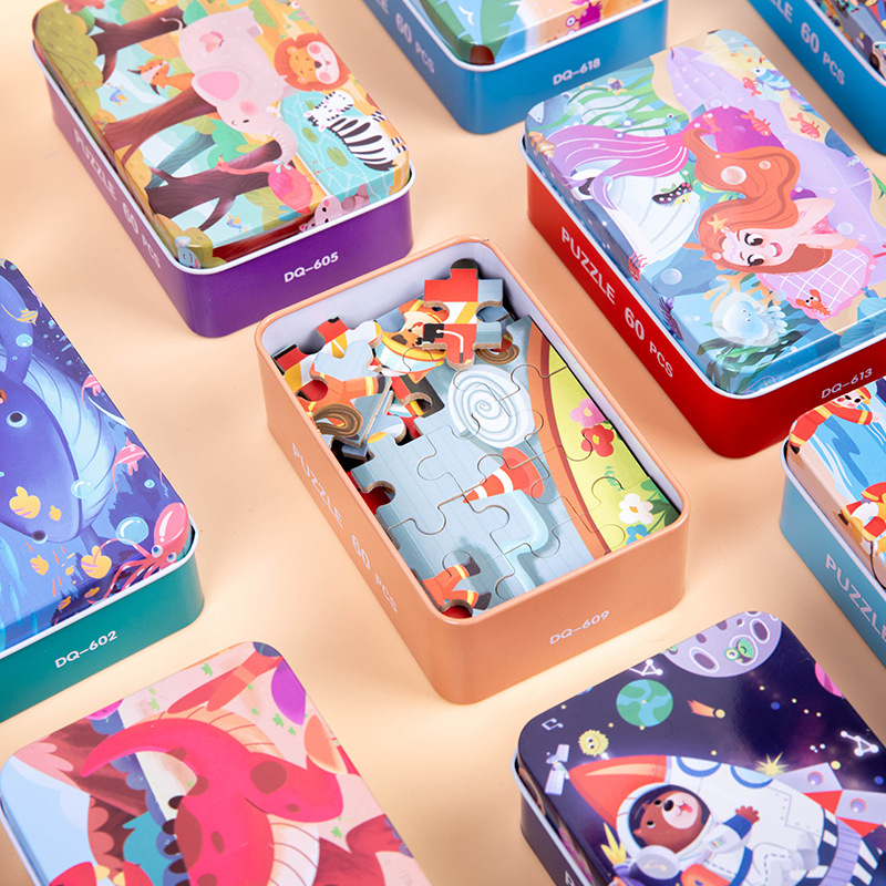 De los niños 20 rompecabezas caja de hierro dibujos animados rompecabezas plano kindergarten educación temprana juguete educativo fabricante