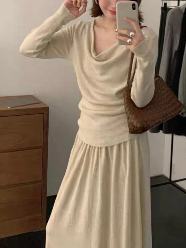 韩系设计感气质简约荡领系带针织上衣半身裙两件套女秋冬整套穿搭|undefined