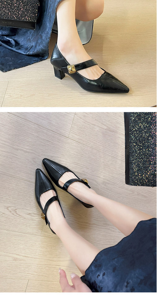 Giày cao gót nữ mũi vuông quai chéo thiết kế tối giản, gót thô 3–6 cm có thể gập gót — Màu nâu, Màu trắng ngà, màu đen chi tiết 11