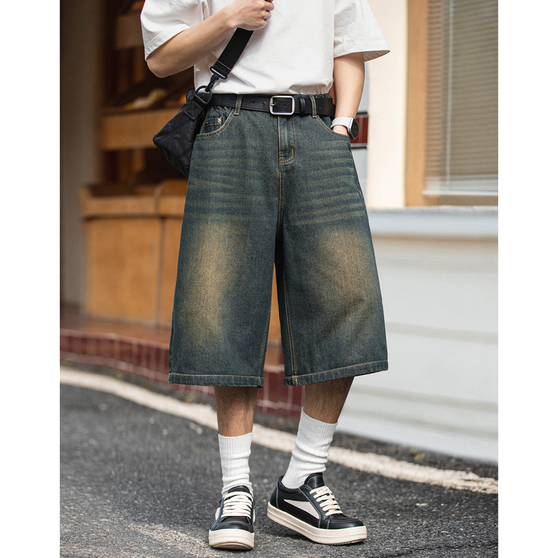 American Style Retro Wide-Leg Cropped Jeans Men's Summer Washed Old Straight Mid-Leg Pants Semi-elastic Casual Shorts