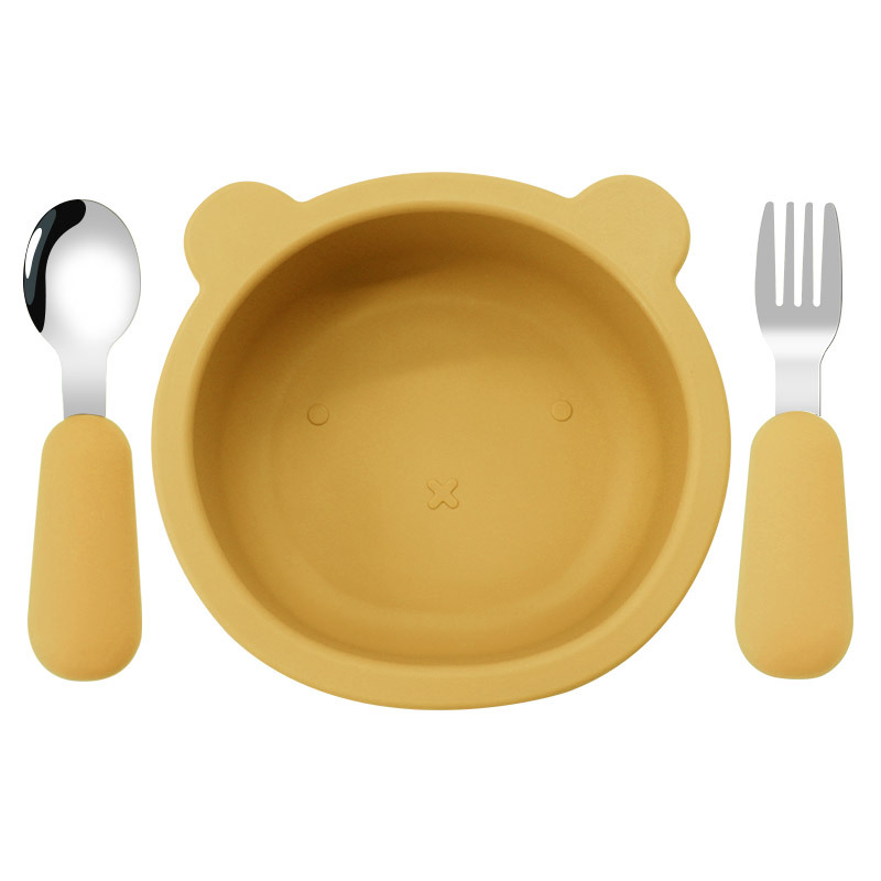 Oso para niños Tazón tenedor de silicona cuchara alimentos complementarios vajilla de alimentación resistente a las caídas suministros maternos e infantiles tazón de silicona dibujos animados oso Tazón