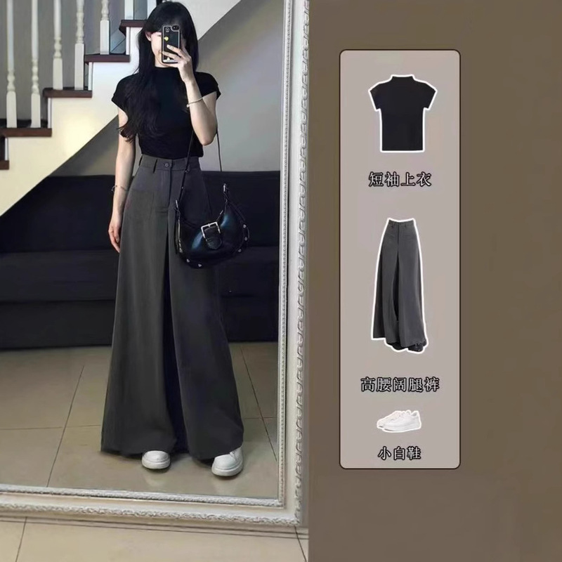 suit Women's 2025 Summer New Pure Desire Style Elegant Short-sleeved Top High Waist Slimming Wide-leg Pants Two-piece Suit suit Women's 2025 Summer New Pure Desire Style Elegant Short-sleeved Top High Waist Slimming Wide-leg Pants Two-piece Suit