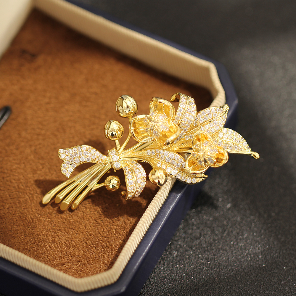 High-End Gold Full Diamond Longdu Flower Brooch with Elegant Elegant and Accessible Luxury Bouquet Pin Niche Corsage Accessories for Women