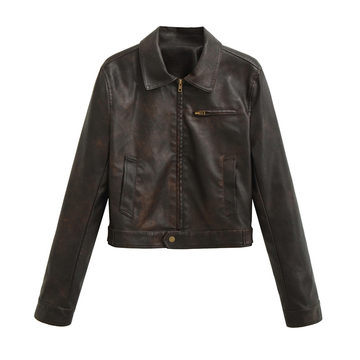 Cool American-Style Short Leather Jacket for Women, Autumn Slim-Fit Pu Retro Fashion Turn-Down Collar Leather Jacket Top