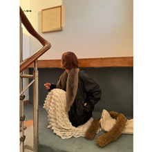 INSS 复古大毛领黑色皮衣外套女2025十三行秋冬新款皮毛一体