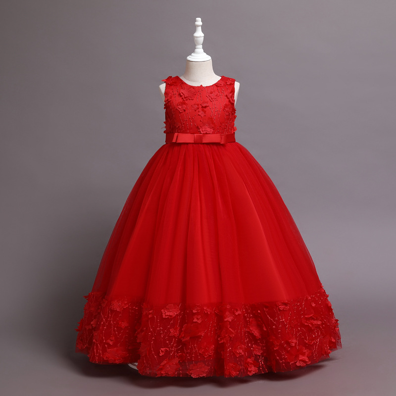 Evening dress for European and American girls, flower child dress, sleeveless princess dress, children's wedding dress, host and performance costume, long dress for older children
