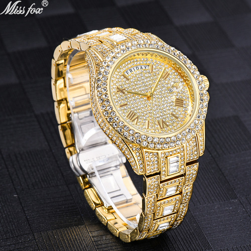 MISSFOX watch foreign trade hot-selling fashion high-end dual calendar business full diamond English men's watch hiphop