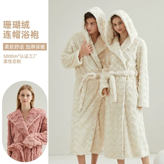 跨境连帽提花珊瑚绒睡袍冬天加厚双面绒情侣浴袍长款冬季睡袍定制