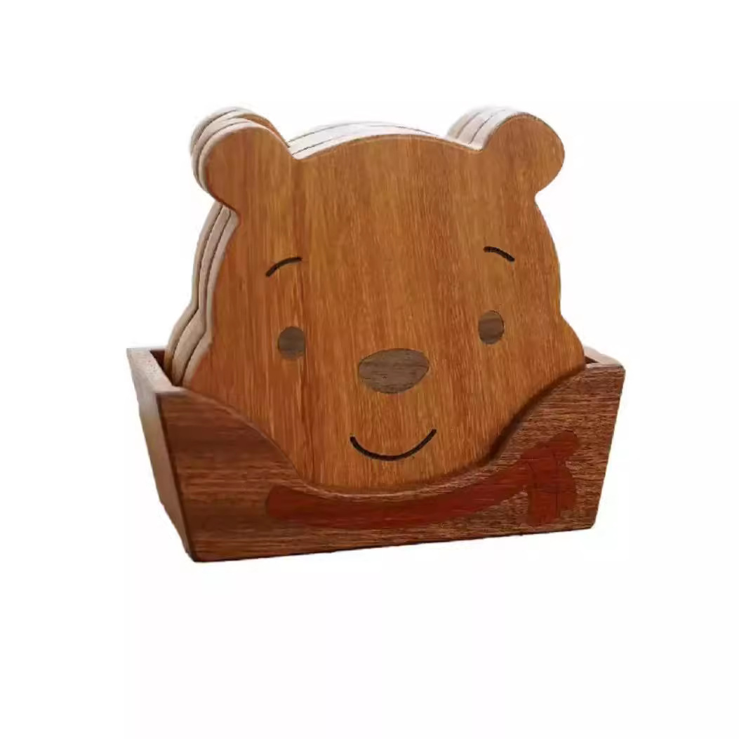 Caricatura oso adorable cojín de taza de café creativo de madera sólida hogar cojín de taza de agua platos cojín conjunto de cojín