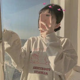 2021秋季含棉新款女薄款卫衣无帽长袖圆领卡通印花百搭时尚上衣潮