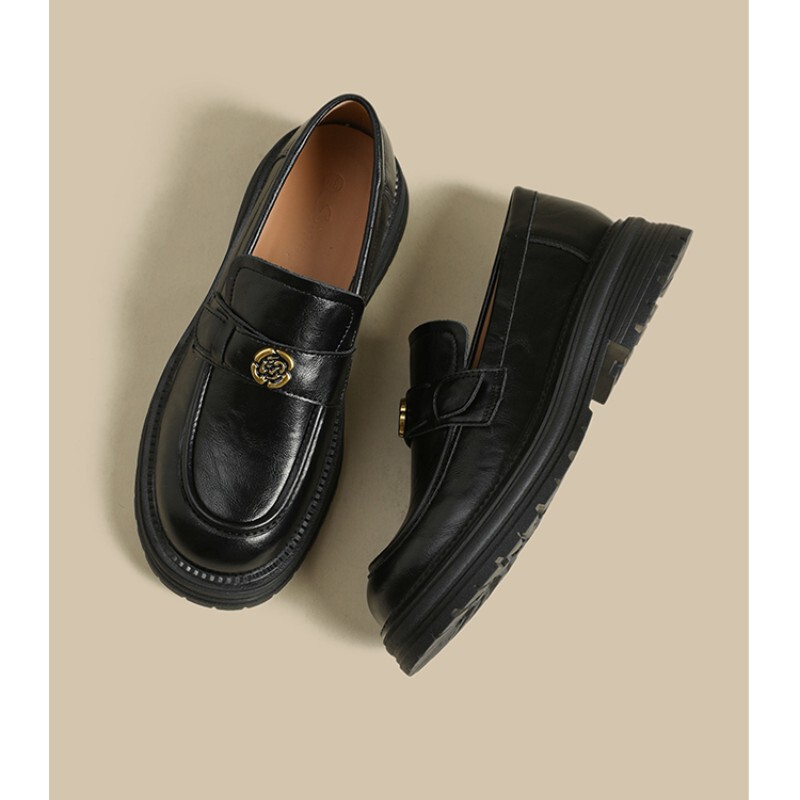 2025 Camellia Thick Sole Leather Loafers Women's Autumn and Winter Retro British Style Leather Shoes 2025 Camellia Thick Sole Leather Loafers Women's Autumn and Winter Retro British Style Leather Shoes