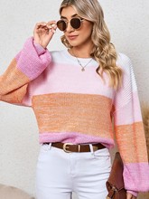 2025冬季新款拼色落肩套头毛衣女独欧美休闲百搭圆领长袖上衣女棉