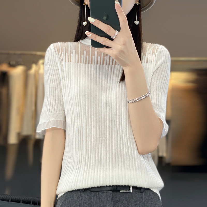 2024 summer new semi-high collar lace sweater women's thin short sleeve French style solid color base