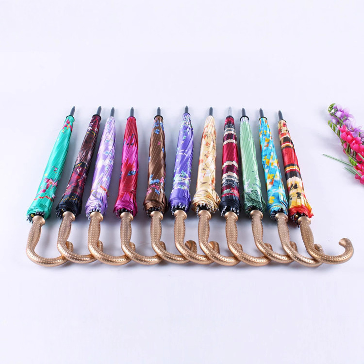 Gran venta al por mayor 16-hueso flor automática satén barra recta mango largo paraguas hombres y mujeres doble engrosada fuerte resistente al viento paraguas