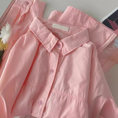 Korean-style blue pure cotton sun-protective base shirt for women, summer 2024 new version, collared shirt, small figure innerwear top, outerwear