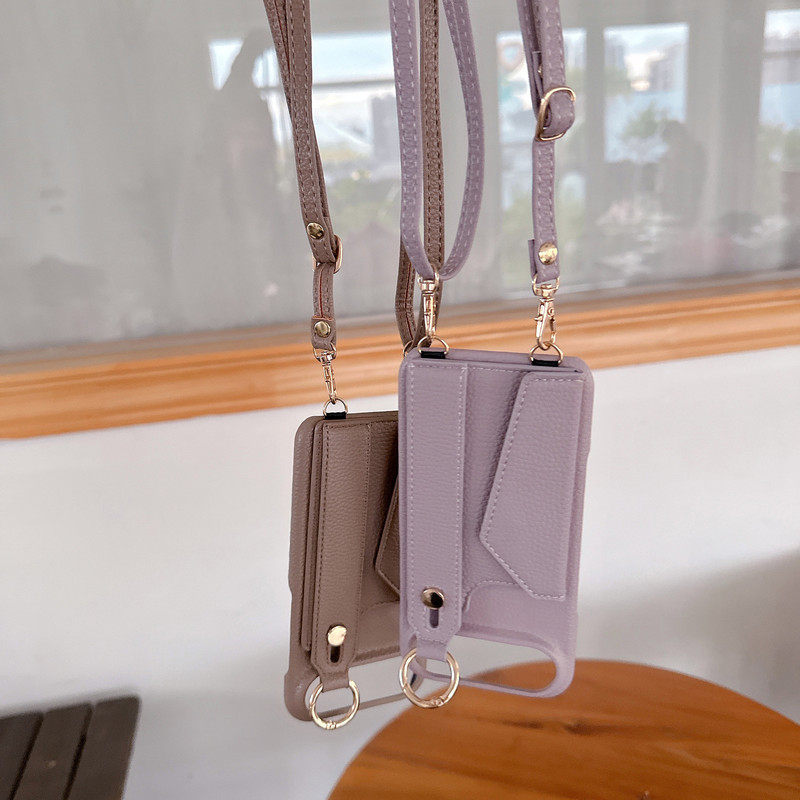 Suitable for Iphone17Promax Wrist Strap Mobile Phone Case Apple 12/15 Crossbody Shoulder Strap Card Protection Leather Case