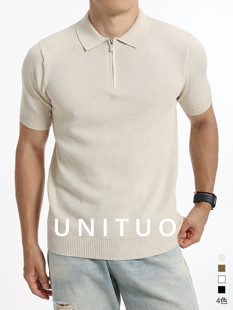 Europa y los Estados Unidos de punto transfronterizo hielo polo camiseta hombre alto sentido medio cremallera de negocios waffle de verano manga corta