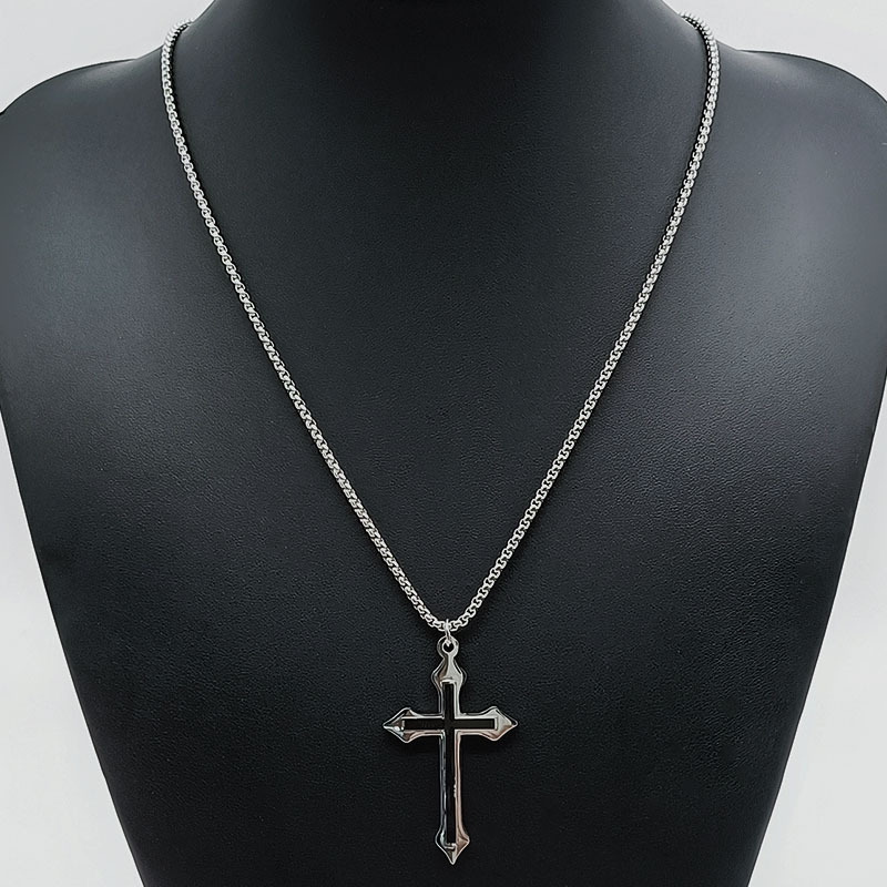 Stainless steel cross pendant necklace, double-layer pendant, square pearl with chain, men's trendy jewelry_voghion.com