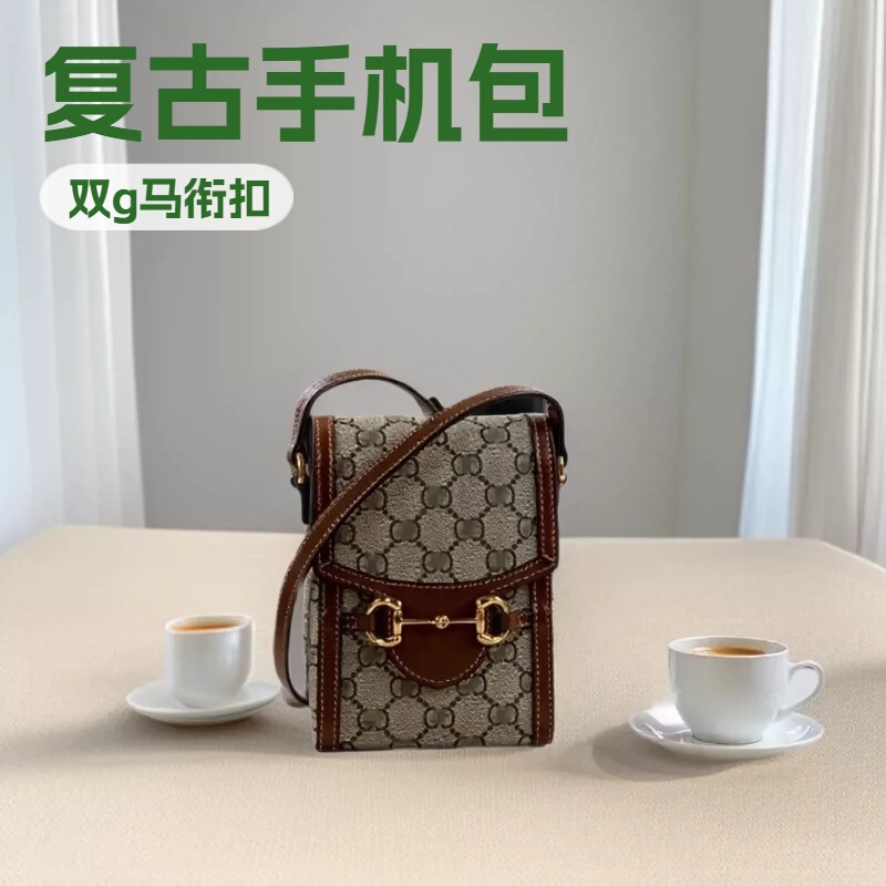 European and American Style Light Luxury Fashion g Brand 1955 Retro Phone Bag High-End Genuine Leather Horsebit Buckle Shoulder Crossbody Women's Bag