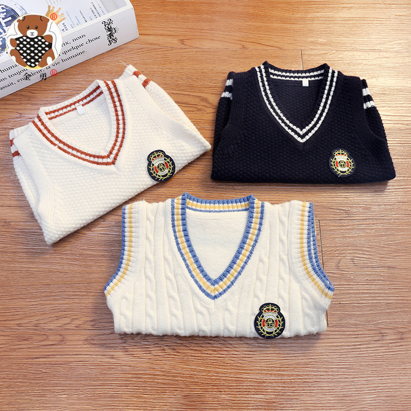 Entrega de una pieza [Jin Yong] ropa de primavera para niños y niñas estilo universitario Chaleco con cuello en V suéter Chaleco de punto para bebés